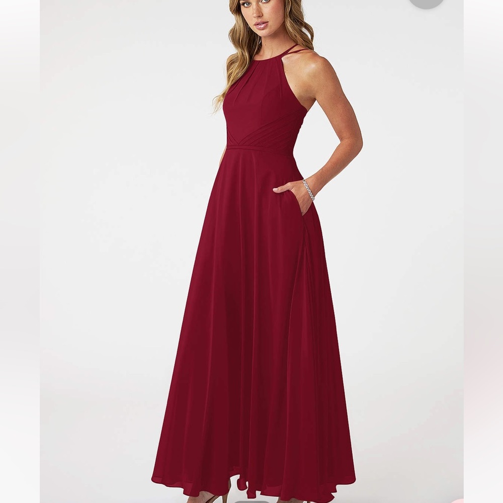 Azazie Melinda A-Line Pleated Chiffon Floor-Length Dress Burgundy